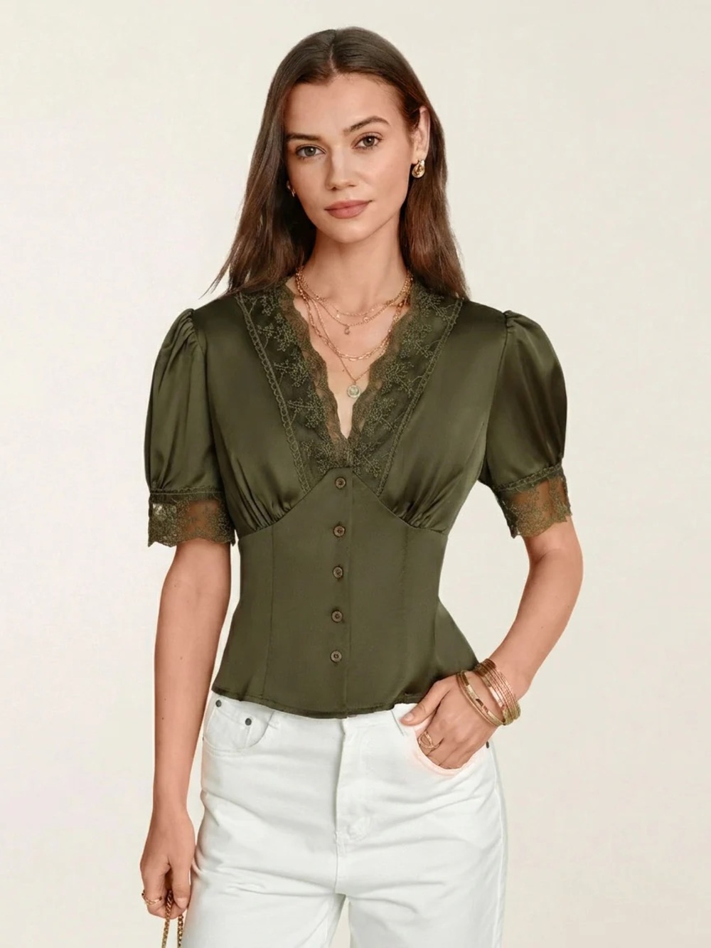 Rihoas Green V Neck Puffed Sleeve Lace Blouse - Picture 3 of 6